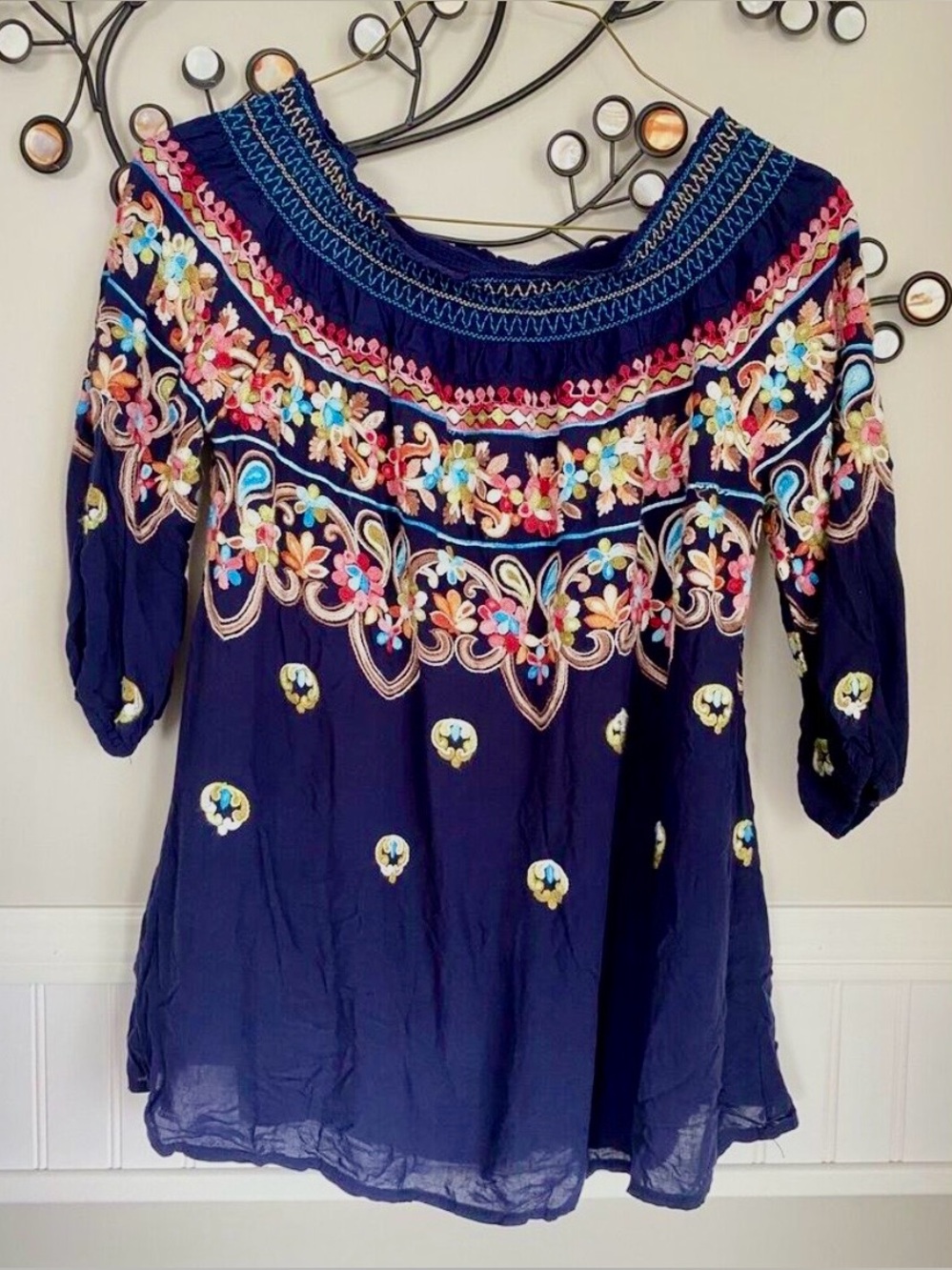 Mirror Image womens off shoulder floral embroidery pull over blouse top, Large